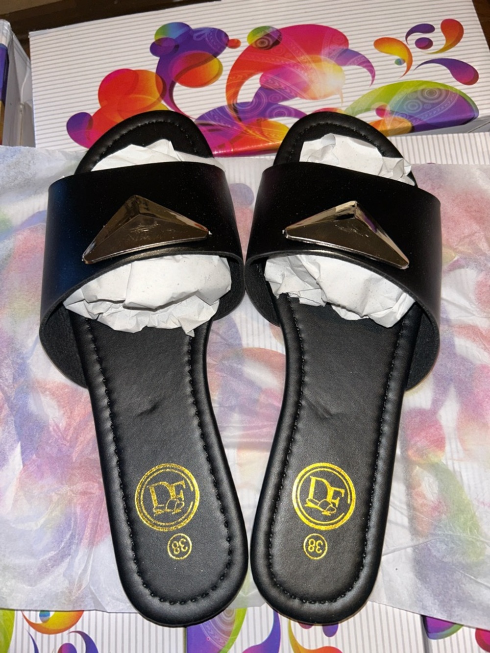 Women's Black Slide Sandals with Metallic Triangle Accent